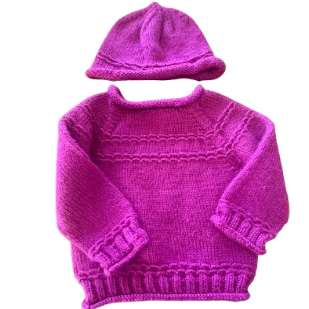 Hand-knit Sweater Set for Little Girl 2 toddler - Pink hat & Sweater (E40)